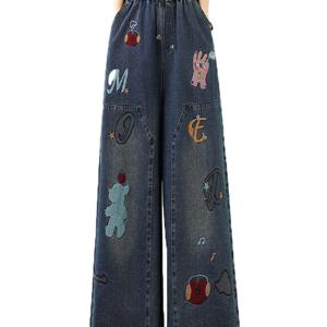 TEMU 가을 소프트 데님 레트로 헤비 인더스트리 캐릭터 자수 밴딩 허리 다용도 캐주얼 빅사이즈 와이드 레그 팬츠