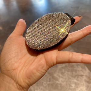 TEMU 여성용 휴대용 접이식 미니 헤어 브러시, 인공 라인스톤 내장, 에어 쿠션 마사지 빗 및 메이크업 미러 듀오, 일반 모발용 - 스타일링 및 엉킴 풀기 액세서리