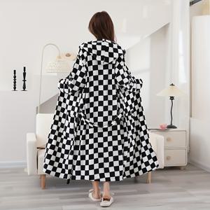 TEMU 조절 가능한 허리밴드가 있는 고급 체크무늬 목욕 가운 - 울트라 소프트 마이크로화이버, 큰 포켓 & 쉬운 가디건 디자인, 겨울용 편안함에 완벽|샤워가운