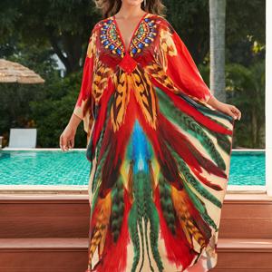 TEMU 컬러풀 프린트 여성 비치 카프탄 맥시 드레스 여름 휴가용 웨이브 수영복
