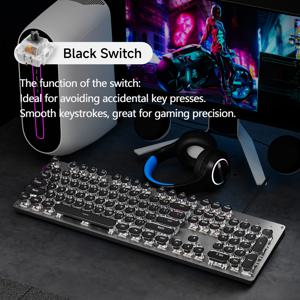 TEMU 이웨덴 펑크 타자기 기계식 게이밍 키보드, 전체 금속 패널 104키 풀 사이즈 숫자 키패드, 레트로 펑크 라운드 키캡 백라이트 USB 유선 키보드, 게임 및 오피스용, 윈도우 노트북 PC 블루 스위치(블랙)