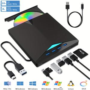 TEMU 노트북, 맥, PC용 고속 CD/DVD 버너가 있는 7-in-1 USB 3.0 외장 DVD 드라이브 및 듀얼 TF/SD 카드 리더 4개 포트 - 11/10/8/7 및 리눅스 호환 멀티미디어 장치 | 현대 기술 액세서리 | 고속 연결성