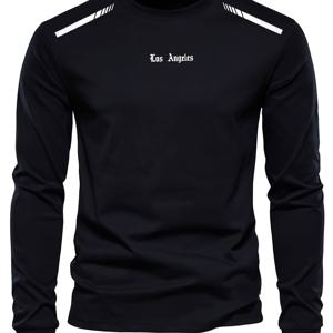 TEMU 남성용 긴팔 크루넥 티셔츠, 심플 스타일, 중간 신축성 원단, 로스앤젤레스 레터 프린트, 캐주얼 스포츠 하이킹 & 주말용 티, 가을 컬렉션, 레귤러 핏, 청소년 및 남성 의류