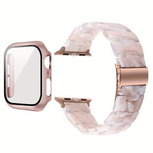 TEMU 2-in-1 시계 스트랩 + 스크린 프로텍터 케이스, 스타일리시하고 가벼운 레진 시계 스트랩, 스테인리스 스틸 버클 호환, PC 및 레진 소재, iWatch 6 5 4 시리즈에 적합, 사이즈: 40/41/44/45mm