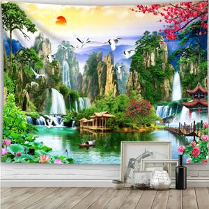 TEMU 1개 특대형 중국풍경 태피스트리 - 폭포 & 산 풍경 벽걸이 장식 (벚꽃, 단풍잎, 벚꽃, 탑 포함) - 자가 점착식 복숭아 빛 원단, 거실 침실 홈 오피스용 폴리에스터 섬유 - 아시아 문화