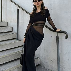 TEMU 여성용 오프숄더 시스루 메쉬 맥시 드레스 - 섹시한 시스루 패널 우아한 세미롱 드레스, 기계 세탁 가능 봄/가을 웨딩 게스트 가운, 특별한 날을 위한 이브닝 드레스