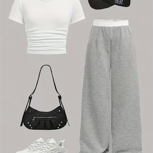 TEMU 여아용 반팔 & 긴 바지 세트 (어린이 중고용), 스타일리시한 옆 플리츠, 단색 니트 상의와 캐주얼 레그 스포츠 팬츠로 구성되어 편안한 봄/여름 야외 활동에 적합합니다.