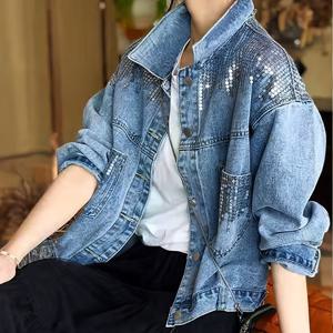 TEMU 2025 신상 시퀸 패치워크 오버사이즈 숏 데님 자켓, 봄 스트리트 스타일 한국 트렌디한 가을 턴넥 여성 캐주얼 크롭탑