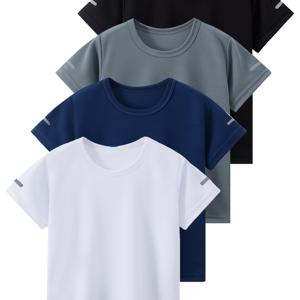 TEMU 남아용 퀵 드라이 반팔 티셔츠 4종 세트. 봄, 여름에 적합하며, 메쉬 소재와 반팔에 반사 스트립이 특징입니다. 솔리드 컬러로 활용도 높은 풀오버는 농구, 러닝 등 야외 스포츠 활동에 이상적입니다.