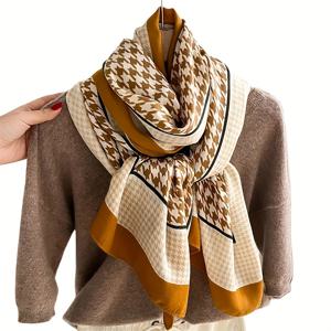TEMU 아웃도어 캐주얼용 라이트 베이지 하운드투스 패턴 스카프 - 따뜻한 샤울