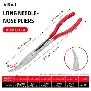 TEMU 에어라지 11인치 헤비듀티 롱노즈 플라이어, 0°/20°/45°/90° 커브드 팁 및 편안한 그립 핸들, 확장된 도달 범위 - 전기 기술자, 자동차, 산업 및 가정용 고탄소강 구조
