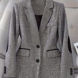 TEMU 여성용 우아한 H-실루엣 그레이 텍스처 - 단추형 싱글브레스트 오피스 작업 재킷, 세탁기 사용 가능 봄/가을 전문복, 품질 공예, 클래식 스타일, 구조적 핏, 정장 코트, 기업 복장