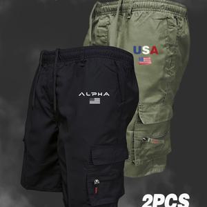 TEMU 두 팩 레터 프린트 멀티포켓 디자인 남성용 아웃도어 스포츠 반바지, 봄/여름에 적합, 하이킹, 캠핑, 낚시, 러닝 및 트레이닝용 파이브쿼터 팬츠