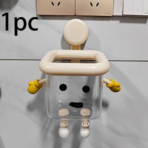 TEMU 귀여운 만화 얼굴 욕실 수납 랙 - 드릴이 필요 없는 접착식 벽걸이형 정리함, 칫솔, 화장품, 면도기, 티슈 보관용으로 디자인됨, 8인 가족 모두 사용 가능, 튼튼한 플라스틱 재질로 공간 절약형 디자인