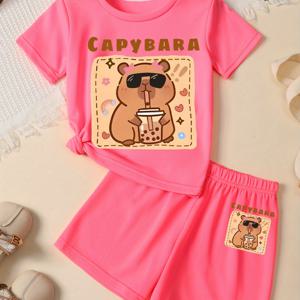TEMU 2025 봄/여름 키즈 세트: 귀여운 카피바라 티셔츠와 반바지 2pcs 아동복, 캐주얼 휴가용 + 반바지 2pcs 의류, 야외 활동에 완벽한