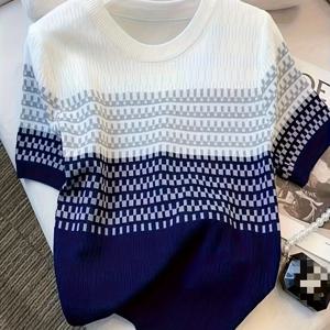 TEMU 여성용 우아한 네이비 & 화이트 가로 줄무늬 블라우스 - 신축성 루즈핏 셔츠, 통기성 가벼운 상의, 일상 및 정장용 비침 방지 여름 의류, 클래식 패턴, 고탄력 원단, 다재다능한 캐주얼 티셔츠, 소프트 텍스처, 풀오버 셔츠