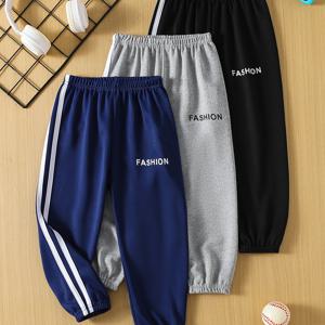 TEMU 남아 바지 3팩, 가을, 중형 및 대형 남아, 아기 옆 줄무늬 SPORT 레터 프린트, 탄성 허리 밴드 바지, 단색 기본 스타일, 봄, 여름, 야외 캐주얼 스포츠 런닝 팬츠, 사계절 얇은 스타일 남동생 의류 바지