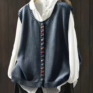 TEMU 여성용 겨울 조끼, 단추 장식 | 캐주얼 스퀘어넥 민소매 가디건, 주말 외출 및 집에서 모이는 데 적합