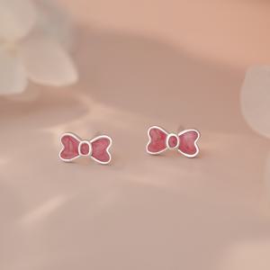 TEMU 0.62g 달콤한 핑크 리본 스터드 귀걸이, S925 실버 여성용 귀여운 나비 커프스 - 여성을 위한 완벽한 휴일 선물