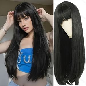 TEMU 26인치 럭셔리 블랙 헤어 가발 (앞머리 포함) - 내열성 합성 섬유, 볼륨 & 풀 헤드 커버리지, 통기성 좋은 일상용, 파티, 웨딩, 촬영용 - 우아한 롱 가발