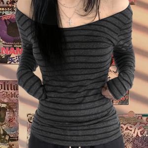 TEMU 여성용 오프숄더 탑 - 섹시한 리브드 긴팔 셔츠, 블랙 & 화이트 수평 줄무늬, 가을 겨울 레이어링용 부드러운 신축성 원단, 캐주얼부터 포멀 의상까지 다재다능한 워드로브 스타일, 시크 패션, 편안한 소재, 트렌디 여성용 블라우스, 시즌별 옷장, 편안한 핏, 스트랩 블라우스, 트렌디 아웃핏