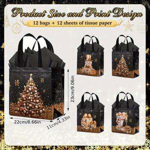 TEMU 24개 크리스마스 선물 가방 세트, 12개 가방 + 12장 티슈 페이퍼 포함, 재사용 가능한 블랙 & 골드 크리스마스 파티 선물 봉투