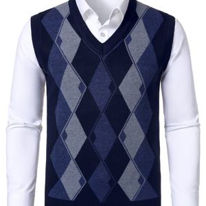 TEMU 로울달 남성용 민소매 니트 조끼 - 네이비 블루 & 그레이 체크 패턴, V넥 풀오버 스웨터, 봄/가을 레이어링, 정장 및 캐주얼 의상 - 가벼운 일상 전환복, 니트 조끼, 봄 가을 액세서리, 편안한 핏, 클래식 니트웨어, 통기성 원단, 오피스웨어 탑