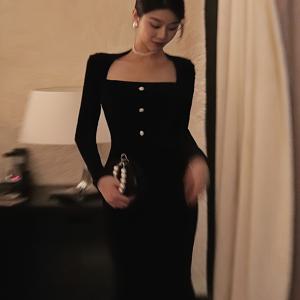 TEMU 2025 가을 겨울 신상 골든 벨벳 드레스 롱 스커트 블랙 스커트 여성 봄가을 스커트