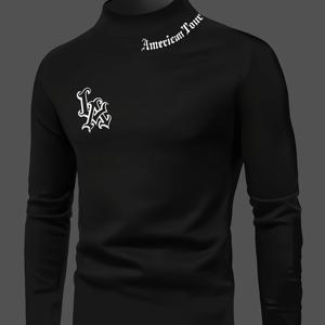 TEMU 소년용 슬림핏 긴팔셔츠 - 화이트 아메리칸 그래픽 프린트가 있는 블랙, 스탠드칼라 캐주얼 운동복상의 (청소년), 세탁기 사용 가능한 겨울철 보온성, 유스팬 애파렐(레귤러핏, 직선형 소매디자인, 기하학적 패턴, 신축성 있는 원단, 캐주얼룩에 적합, 일상외출에 이상적인 남아용 롱슬리브티, 가을/겨울시즌, 스탠드칼라, 스포티 스타일, 편안한 캐주얼웨어)