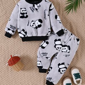 TEMU 귀여운 판다 프린트 아기 겨울옷 세트, 긴팔 상의와 따뜻하고 편안한 바지로 구성되어 야외 활동에 적합합니다.