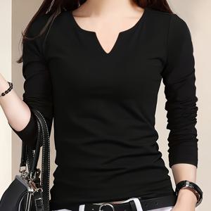 TEMU 플러스 사이즈 - 여성용 플러스 사이즈 블랙 티셔츠, 스타일리시한 긴팔 상의, 작은 V넥 디자인, 봄/가을 2025년 레이어링에 완벽.|셔츠