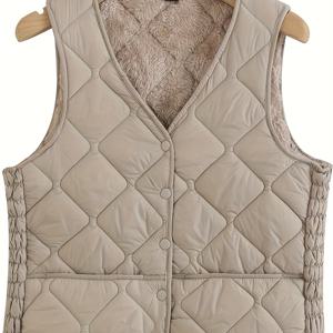 TEMU 여성용 스트레치 민소매 조끼 - 더블 포켓, V넥, 버튼 프론트, 루즈핏, 베이지 & 핑크, 캐주얼 봄/가을 레이어링 아이템, 퀼팅 베스트, 편안한 착용감, 사이드 포켓, 패드 블라우스, 여성용 스트랩 베스트, 여름용 탑|여름블라우스