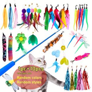 TEMU 6/11 랜덤 컬러 인터랙티브 고양이 장난감, 1개의 텔레스코픽 로드와 5/10개의 낚시 교체 스프링, 펜던트 스프링 벨 고정, 인공 깃털, 모든 크기의 고양이에 적합, 애완동물 용품, 배터리 없음, 실내 고양이용 장난감, 고양이 장난감 키트, 고양이 장난감/낚시 로드/봉, 고양이 놀이용품/자체 오락, 고양이 놀이용품