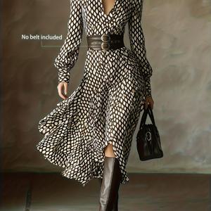 TEMU 여성용 우아한 빈티지 데이트 가을/겨울 딥 V 칼라 프린트 커피 브라운 인비저블 지퍼 허리 조임 플레어 롱 슬리브 퍼프 슬리브 셔츠 드레스 (벨트 미포함)