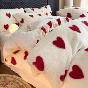 TEMU 가을 겨울 따뜻한 인조 토끼 플러시 3피스 세트, 로맨틱 웨딩 하트 스타일 홈 베드 – 라이트 베이지 소프트 라이트 베이지-친화적, 4계절 두꺼운 & 포근함, 세탁기 사용 가능 비수축 1이불 커버 + 2베개커버|베개커버|이불