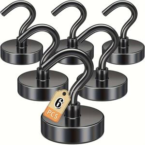 TEMU 6개 자석 후크 - 블랙 메탈 천장 설치, 크루즈룸, 냉장고, 캠핑용품, 키체인에 적합, 내구성 있는 페인트 표면, 벽/장착형 수납 상자, 가정 및 사무실 정리에 이상적. 벽걸이 후크