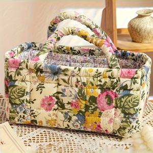 TEMU 대형 빈티지 플로럴 퀼트 보관 바구니 - 튼튼한 손잡이, 접이식 다기능 정리함 (여성 & 소녀용), 휴대용 세탁, 장난감, 욕실 & 메이크업 보관함, 내구성 있는 패브릭 바구니 (핑크/베이지) - 홈 데코 정리함, 선반 바구니|욕실선반|빨래바구니