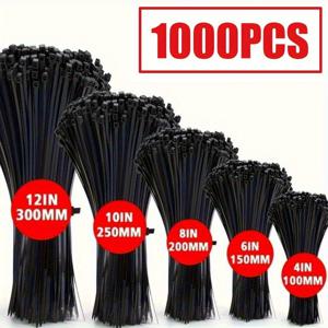 TEMU 1000개입 고강도 조절식 자동 잠금 케이블 타이 - 높이 조절 가능 (4/6/8/10/12인치), 방수 및 미끄럼 방지, 실외, 정원용 검정색 나일론 스트랩