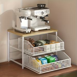 TEMU 2단 모던 공간 절약형 주방 수납 정리함 | 커피 메이커, 전자레인지, 향신료 & 식기 보관용 메탈 상판 랙, 광택 마감, 주방, 카페, 사무실 & 아파트 다용도 사용
