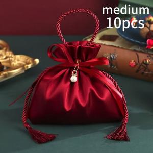 TEMU 10개입 우아한 레드 새틴 웨딩 캔디 백, 드로스트링 잠금 & 진주 펜던트 - 재사용 가능한 선물 가방 (결혼식, 파티, 생일, 크리스마스, 할로윈, 발렌타인데이) - 튼튼한 폴리에스터 파티 답례품 가방