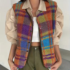 TEMU 무지개 체크 프린트 버튼 프론트 조끼 자켓