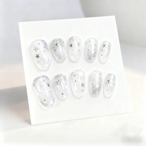 TEMU 10개입 스플릿 사이즈 프레스온 네일 - 클리어 캣아이 실버리 아이스 스타 웨어러블 네일 - 젤리 글루 & 네일 파일 포함