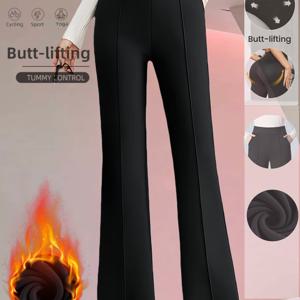 TEMU 새로운 가을/겨울 플리스 캐주얼 긴 바지, 단색 두꺼운 레그 트라우저, 통근복, 여성용 루즈핏 하이웨이스트 팬츠, 편안하고 부드러운 착용감을 위한 탄성 허리 밴드, 매력적이고 활용도 높은 스타일|냉장고바지|바지