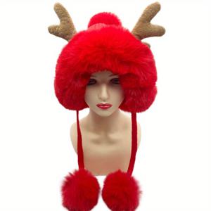 TEMU 여성용 크리스마스 순록 뿔 비니 모자 - 플리스 안감 겨울 보온, 신축성 있는 핏, 가벼운 레드 & 브라운 축제 디자인과 퍼리 귀 & 폼폼 - 따뜻한 휴일 선물, 크리스마스에 딱 좋은