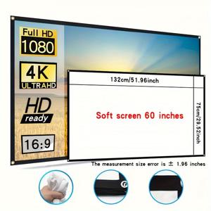 TEMU 접이식 16:9 프로젝터 스크린 (60, 72, 84, 100, 120, 150인치), 화이트 프레임 디자인, 홈시어터, 야외, 사무실, 회의 등에 적합