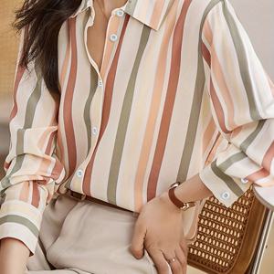 TEMU 프리브 여성용 우아한 블라우스 - 긴 소매 칼라 셔츠, 베이지/피치/블루 가로 줄무늬, 비신축성 사무실 & 캐주얼 일상복, 다목적 상의, 클래식 디자인, 매끄러운 원단, 버튼업 탑, 패션 애호가를 위한