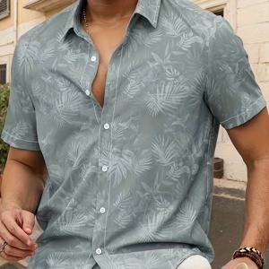 TEMU 남성용 프린트 캐주얼 반팔 셔츠, 버튼 칼라 디자인, 트로피컬 식물 패턴, 여름 휴가에 완벽.