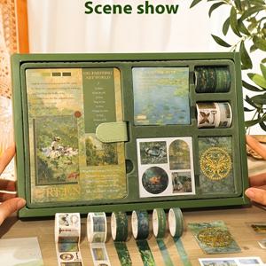 TEMU 오일 페인팅 다이어리 세트 - 자석 노트북 1개 + 스티커 20개 + 와시 테이프 6개 + 메모지 100장 + 북마크 1개, 스크랩북 키트, 완벽한 선물