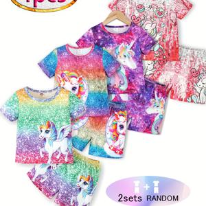 TEMU 여아용 야외복 4pcs 세트 (패턴 2세트 랜덤 발송, 총 4pcs), 3D 유니콘 프린트 특징. 수공예로 제작되어 여름철 착용에 적합하며, 어린 소녀들을 위한 훌륭한 선물로, 야외 활동에 적합합니다.