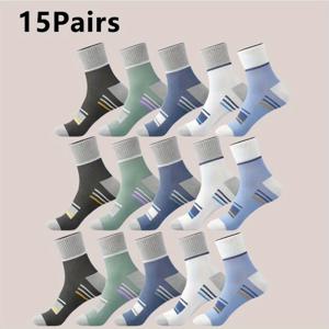 TEMU 남성용 미드 캐프 양말 15켤레 - 패션 운동 양말, 폴리에스터 혼방, 니트 소재, 세탁기 사용 가능, 손세탁 가능, 300g/m², 봄, 여름, 가을에 적합, 캐주얼 양말 | 패션 양말 | 니트 텍스처|남자옷